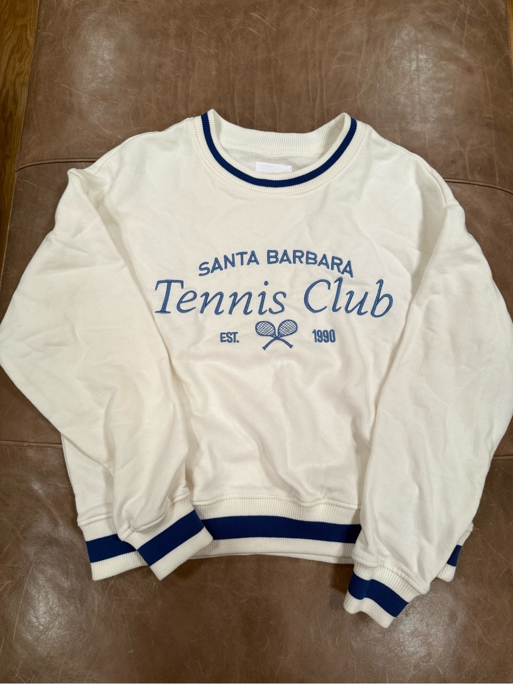 Santa Barbara Tennis Club Cream Crewneck Sweatshirt with Navy Trim